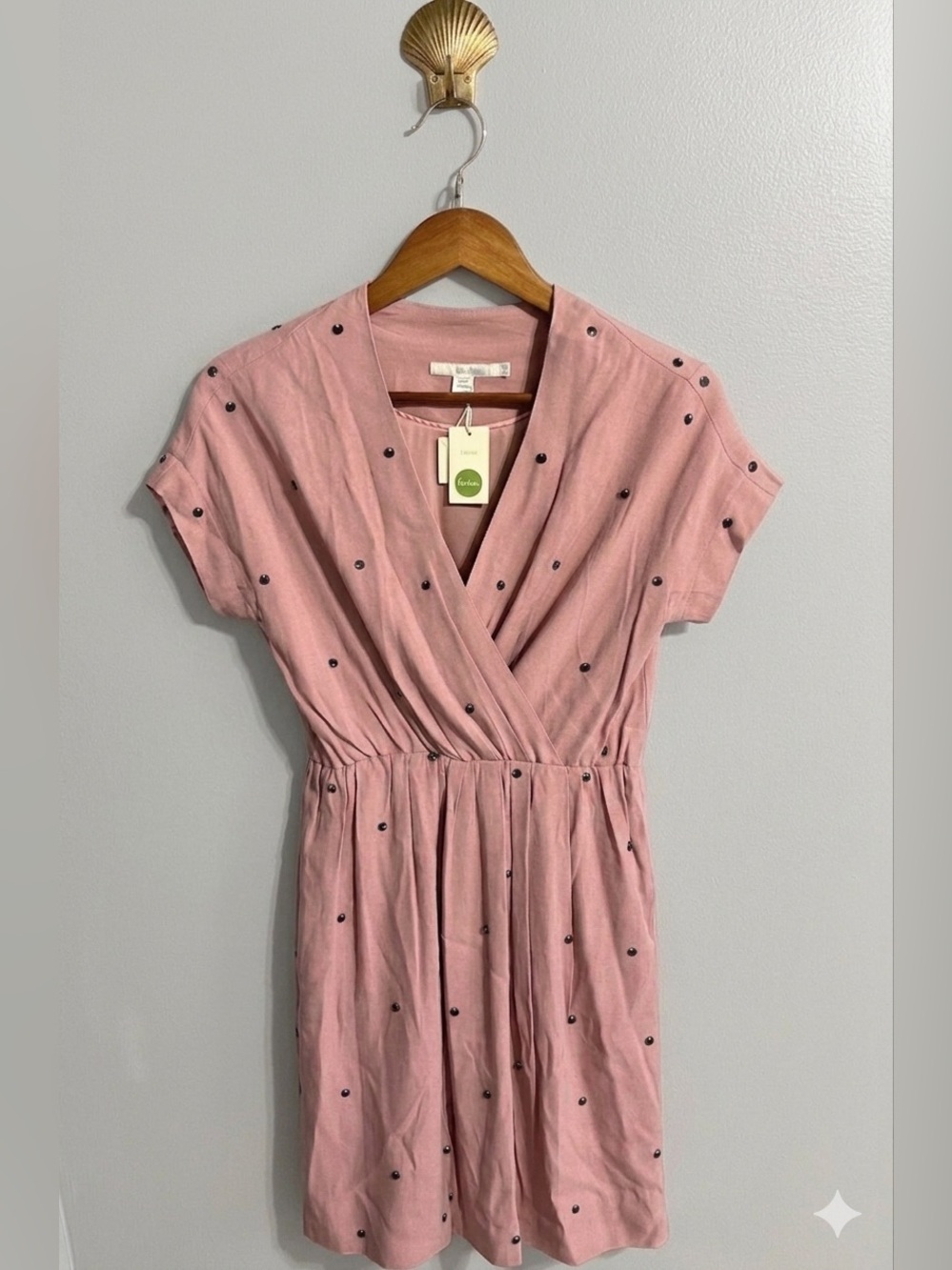 NWT Boden Wrap Polka Dot Beaded Dress Sz 4R Pink Taupe Black V Neck
